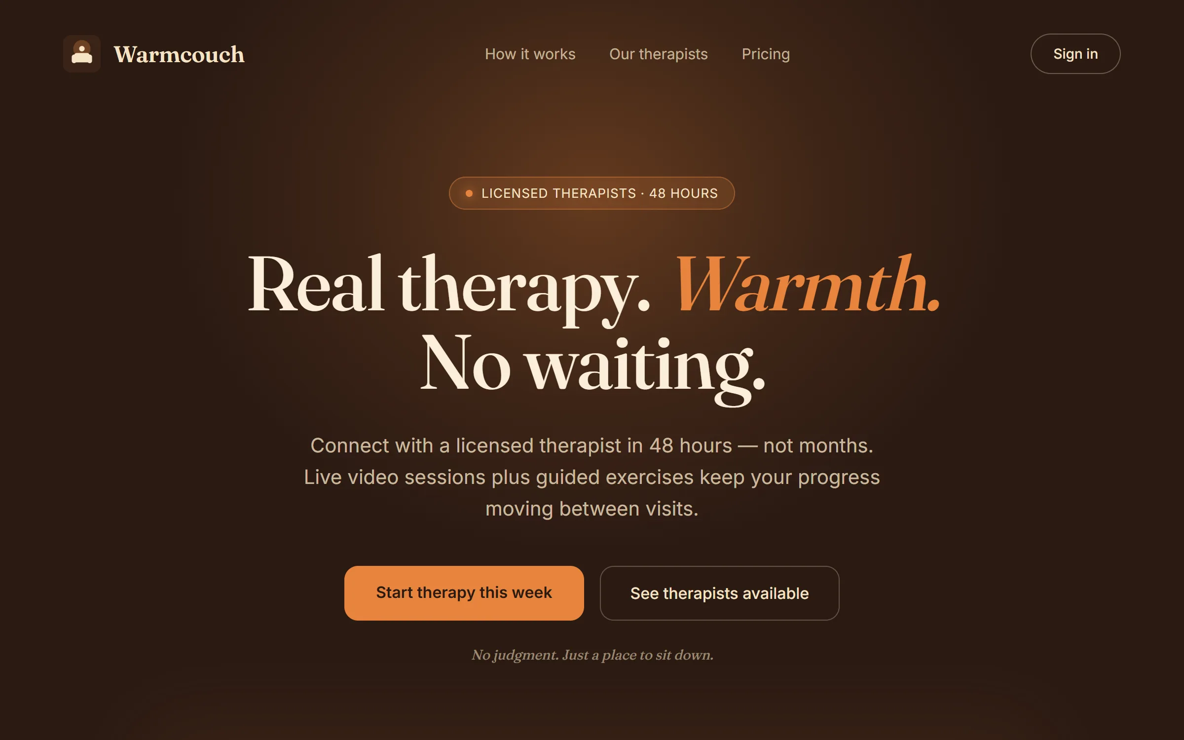 warmcouch.com — a landing page the engine designed (Hearth route)